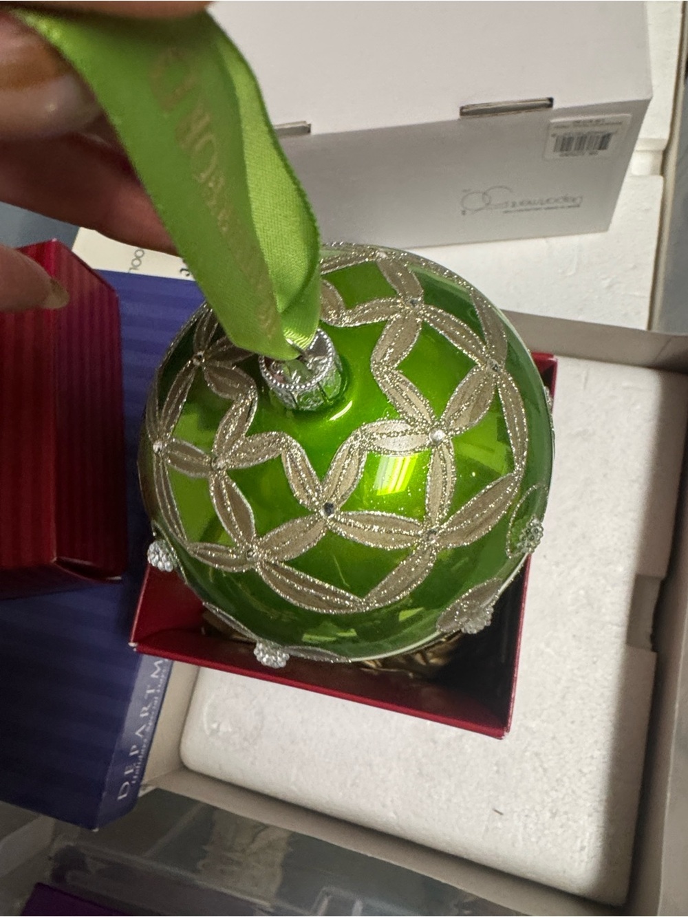 Waterford Green Glass Holiday Ornament with Silver Glitter Design